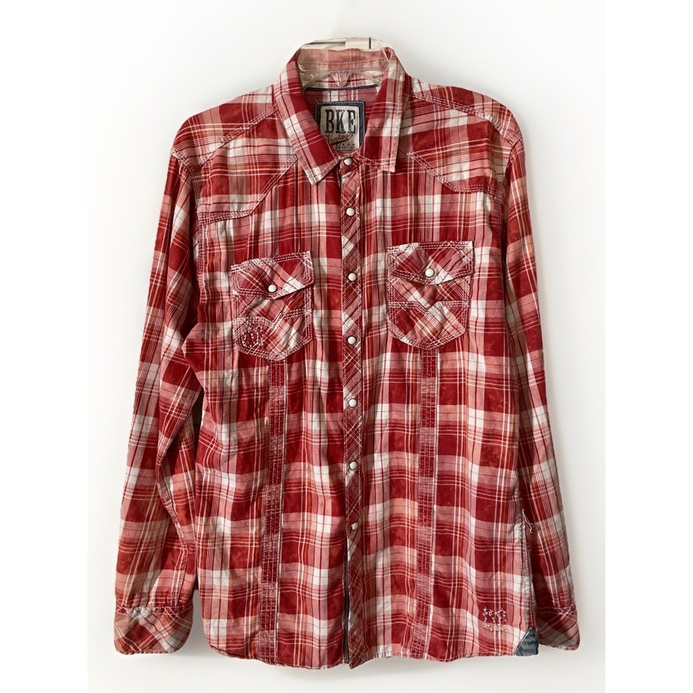 BKE Vintage Emmett Style Red Plaid Snap‎ Button Long Sleeve Shirt Men's Large